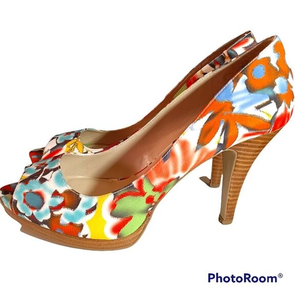 Nine West Dance Multi Colored Floral Peep Toe Stacked Heel Pump 10M - Picture 1 of 10
